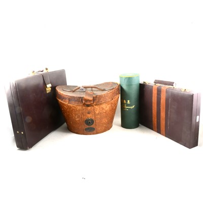 Lot 280 - A brown leather top hat case, an Ede & Ravenscroft Panama hat, a backgammon set and a briefcase.