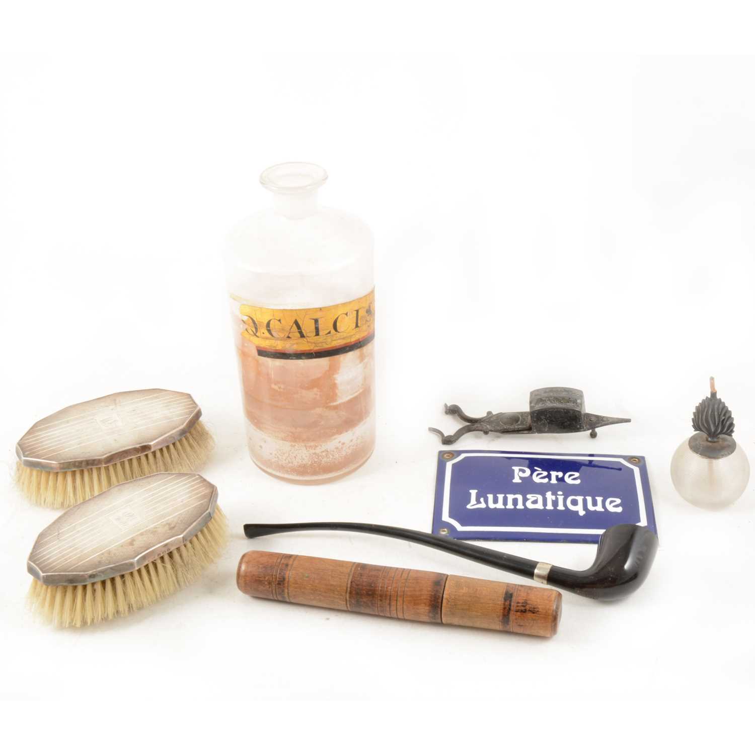 Lot 312 - A box of small collectables, including silver-backed hairbrushes, bookmark etc.