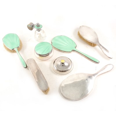 Lot 317 - Silver dressing table sets and items, plus a white metal mesh evening bag.