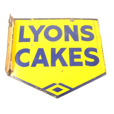 Lot 261 - A vintage enamel double-sided shop sign for Lyons Cakes.