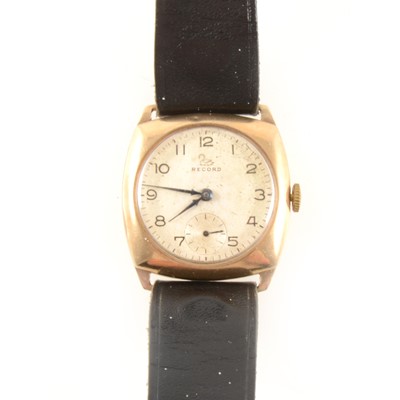 Lot 372 - Record - a gentleman's 9 carat yellow gold wrist watch, plus a 9 carat gold chain and tie pin.