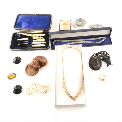 Lot 374 - A ruby ring, white metal and vintage jewellery, and a cased etui set.