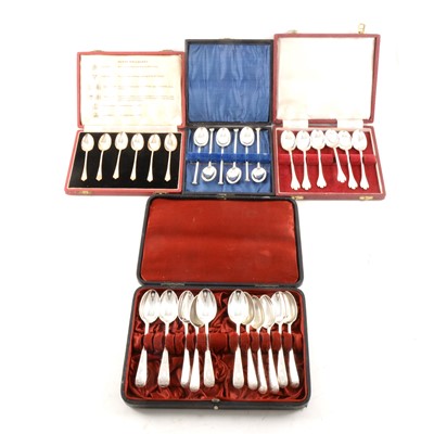 Lot 332 - Three cased sets of silver tea and coffee spoons, plus a part set of teaspoons.