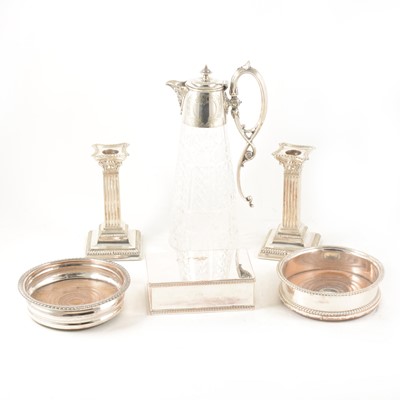 Lot 226 - A quantity of silver-plate and other metal ware, including claret jug, candlesticks, spoons, and drawing instruments etc.