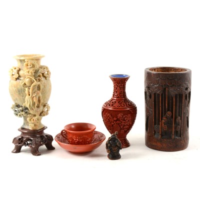 Lot 41 - Chinese carved bamboo brush pot, 17cm; and other Chinese contemporary objects.