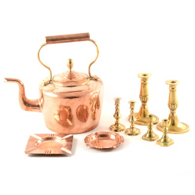 Lot 181 - A copper kettle and various cast brass candlesticks and ashtrays