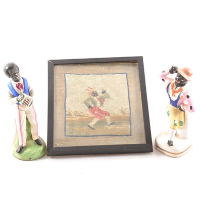 Lot 10 - Two Staffordshire figures and a related Victorian woolwork picture
