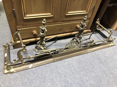 Lot 551 - A pair of cast brass andirons, together with a set of three matching fire irons, etc