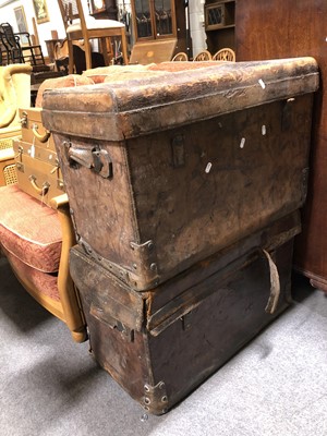 Lot 580 - Old leather trunk, marked Duke maker, Northampton