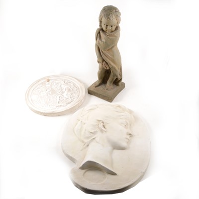 Lot 80 - Two plaster wall plaques and a plaster figure of child.