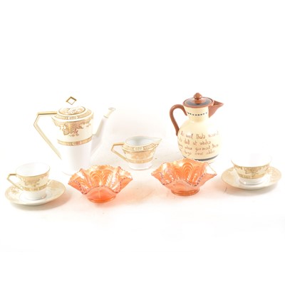 Lot 52 - A Noritake coffee service, marigold carnival glass, Devonware pottery.