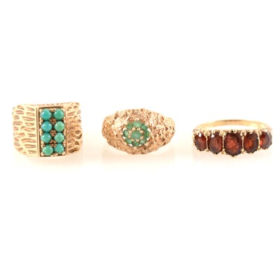 Lot 346 - Three 9 carat yellow gold gemset dress rings.