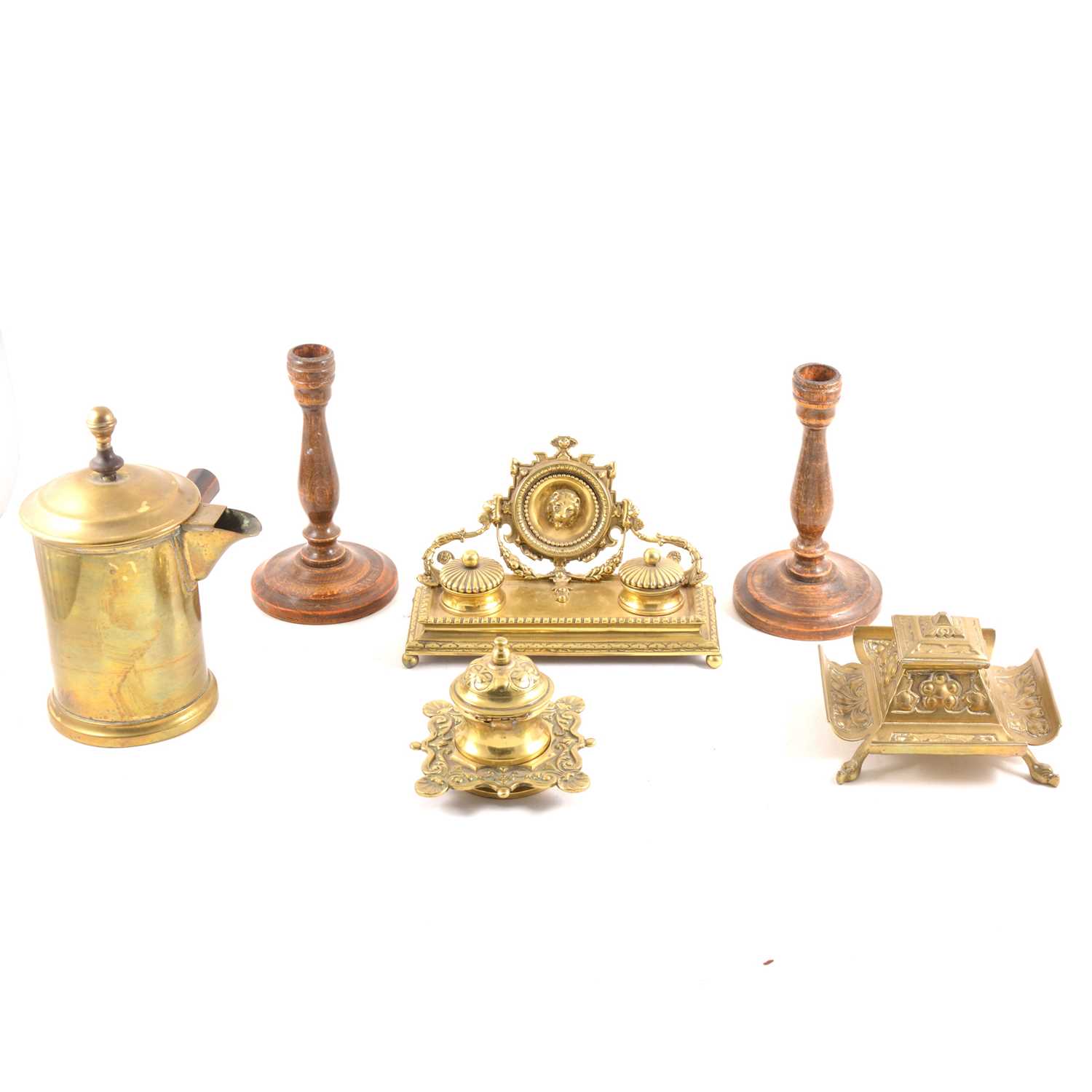 Lot 117 - A cast brass desk stand, with twin inkwells, etc