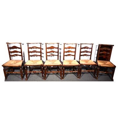 Lot 557 - Set of six oak and ash rail and ladder back...