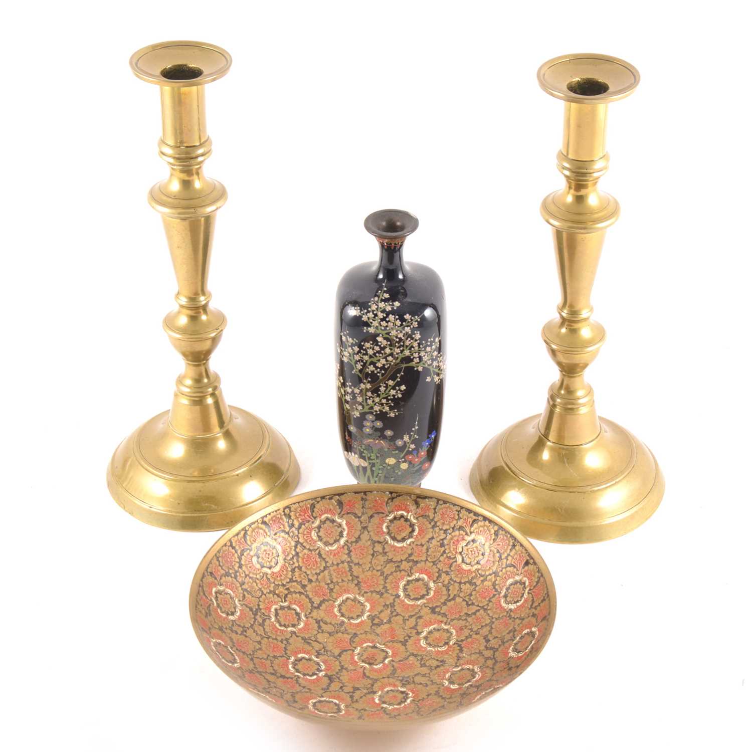 Lot 138 - A pair of brass candlesticks, a cloisonne vase (damaged) and assorted metalwares.