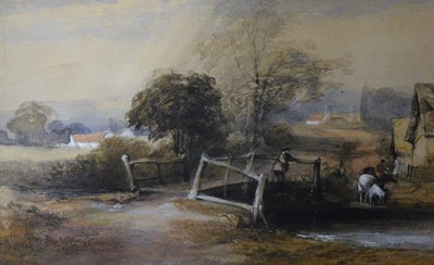 Lot 244 - English School, 19th Century,
Figures and horses by a river