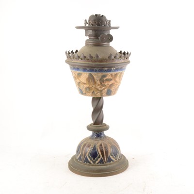Lot 103 - A Victorian brass and stoneware oil lamp, probably Doulton Lambeth