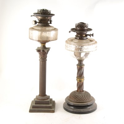 Lot 141 - Two Victorian brass oil lamp bases, one with Corinthian column stem