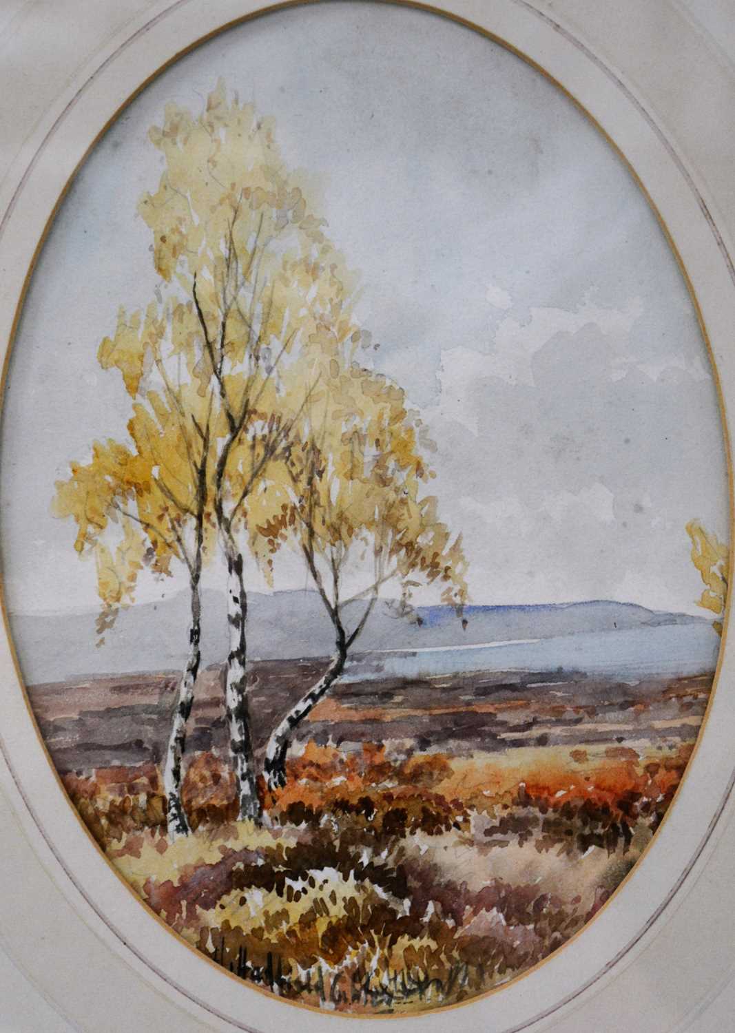 Lot 445 - H Hadfield Cubley, silver birches in a landscape, oval, 25cm x 18cm