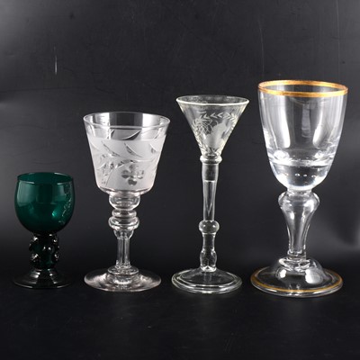 Lot 108 - Four wine/cordial glasses, a partially etched Jacobean style cordial glass.