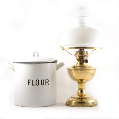 Lot 26 - A vintage enamel flour bin, and a brass oil lamp