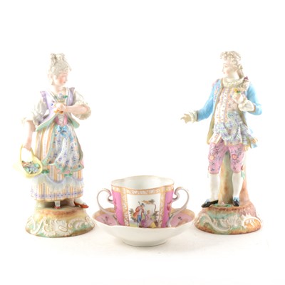 Lot 101 - A Pair of German porcelain figures, and a Dresden cup and saucer.
