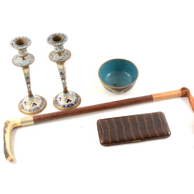 Lot 183 - Champleve candlesticks, cloisonne bowl, hunting whip and thong, and Asprey cigarette wallet.