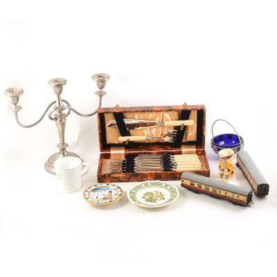 Lot 191 - A box of sundries, silver-plated candelabra, cased fish set, ceramics, two Hornby Dublo coaches etc