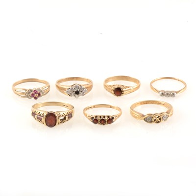 Lot 340 - Six 9 carat gemset rings and one marked 18ct.