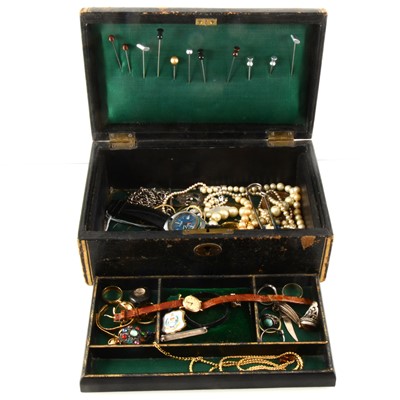 Lot 332 - A vintage jewel box of gold, silver and costume jewellery, Memostar watch.