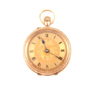 Lot 406 - A 12 carat yellow gold open face fob watch.