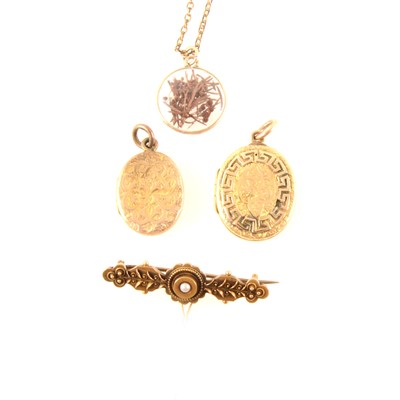 Lot 360 - An etruscan style bar brooch, two lockets and pendant.