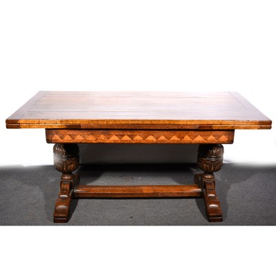 Lot 574 - An oak draw-leaf table, diaper inlaid frieze,...