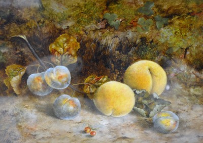 Lot 411 - G Emson, still life of fruit, oil on board, 21cm x 27cm, signed and dated 1868.