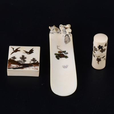 Lot 63 - A Japanese carved ivory and inlaid shoehorn, oblong box, and similar needlecase
