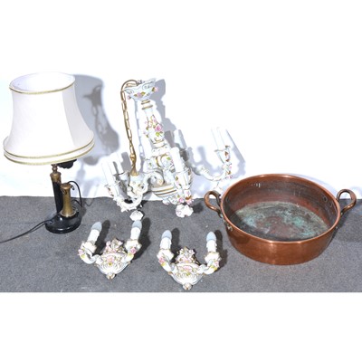 Lot 585 - Copper jam pan, Italian chandelier and wall lights and a candlestick telephone lamp, (3).