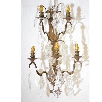 Lot 619 - Pair of five-branch appliques, glass droplets, 66cm full length