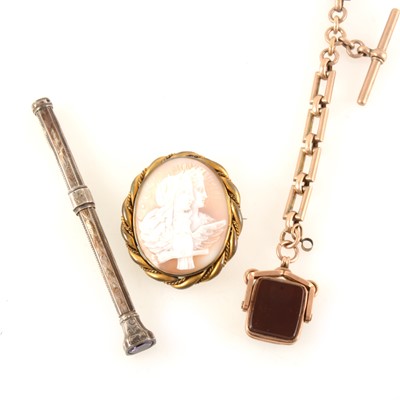 Lot 368 - A yellow metal single albert watch chain, cameo brooch and propelling pencil.