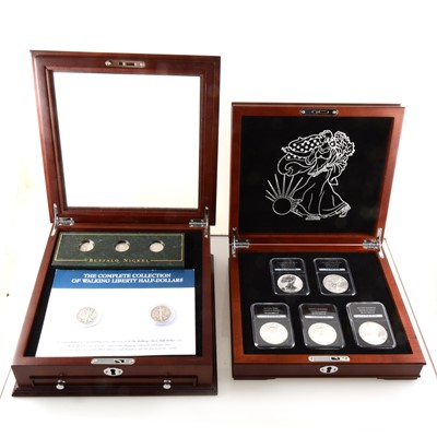 Lot 416 - The Complete Set of American Eagle Silver Dollars, cased, and other American collectors issue coins.