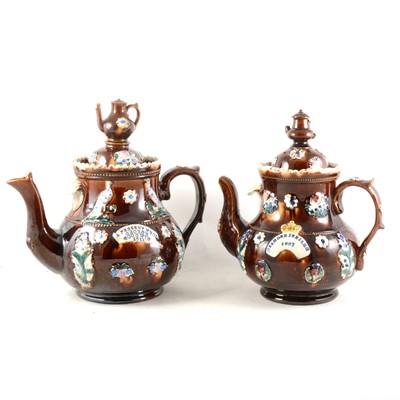 Lot 14 - Two large Bargeware teapots, dated 1897 and 1911