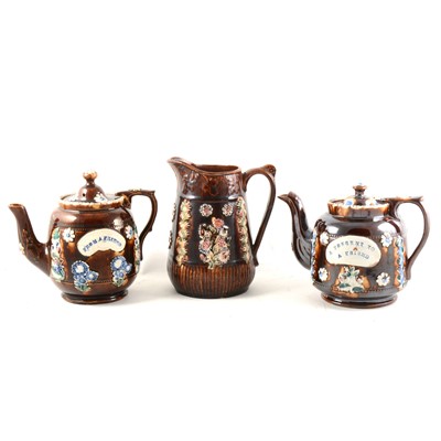Lot 44 - Three items of Bargeware, including two teapots and a jug