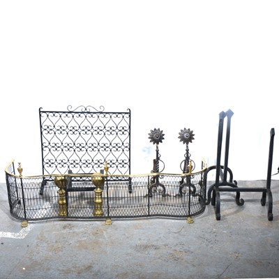 Lot 146 - A brass and wire fender, two pairs of fire dogs,  wrought iron screen, and a fire basket stand.