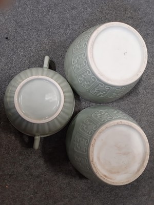 Lot 59 - Four Chinese style celadon glazed jardineres and other Asian ceramics