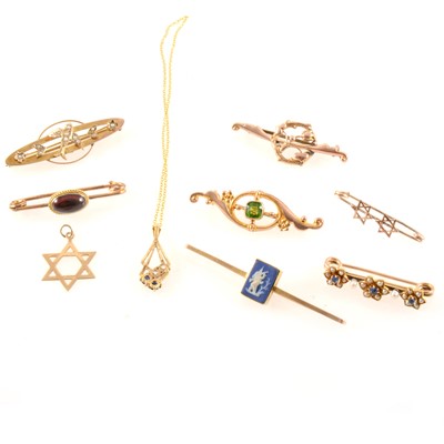 Lot 359 - Seven vintage bar brooches, two pendants and two chains.