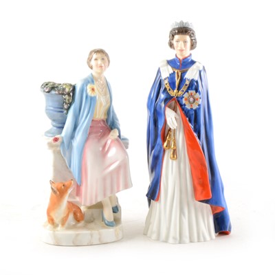 Lot 88 - Two Royal Doulton figures of the Queen and Queen Mother, a Sadler-style three-piece teaset, etc