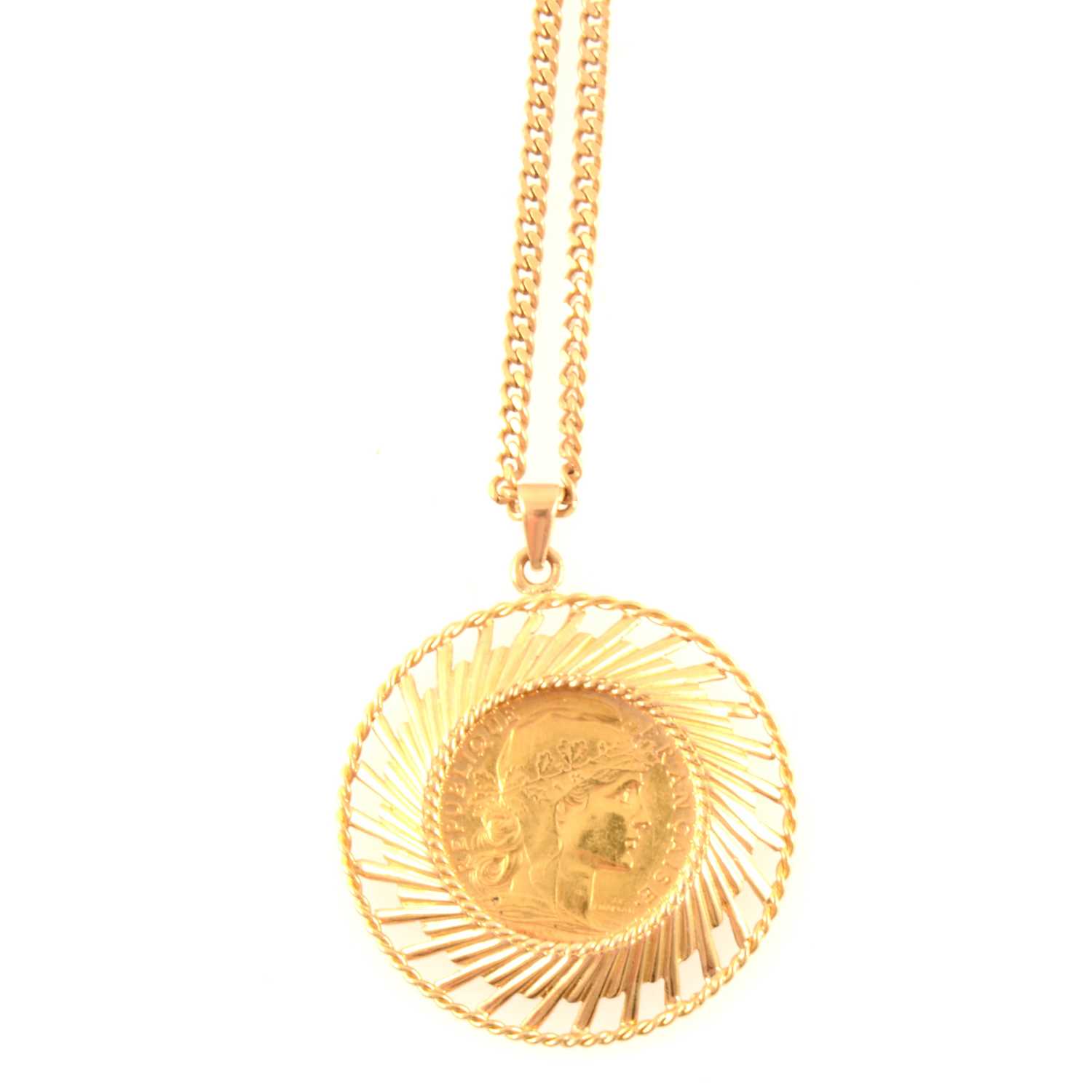 Lot 389 - A French Gold 20 Franc Coin in pendant mount with chain.