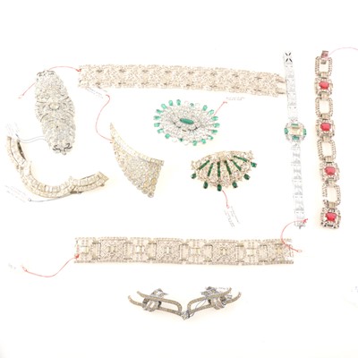 Lot 308 - A collection of Art Deco paste set jewellery, panel bracelets, clips and brooches.