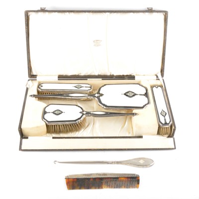 Lot 350 - Silver and enamel four-piece dressing table set