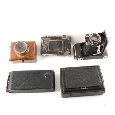 Lot 174 - Folding and plate cameras; including Zeiss Ikon Super Ikonta (x2), etc