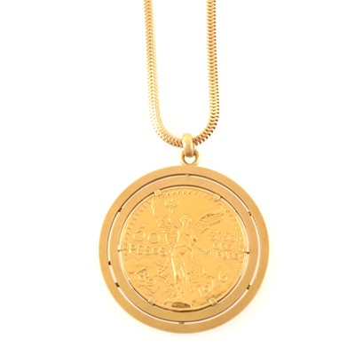 Lot 388A - A Mexican 50 Pesos gold coin in a claw set pendant mount on a chain.